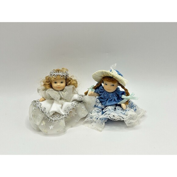 Miniature Porcelain Jointed Dolls w White Silver Star & Blue Dress 2.5" Lot of 2 - Picture 3 of 10